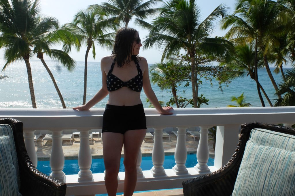 Allison Green wearing a polka dot swimsuit in Puerto Rico