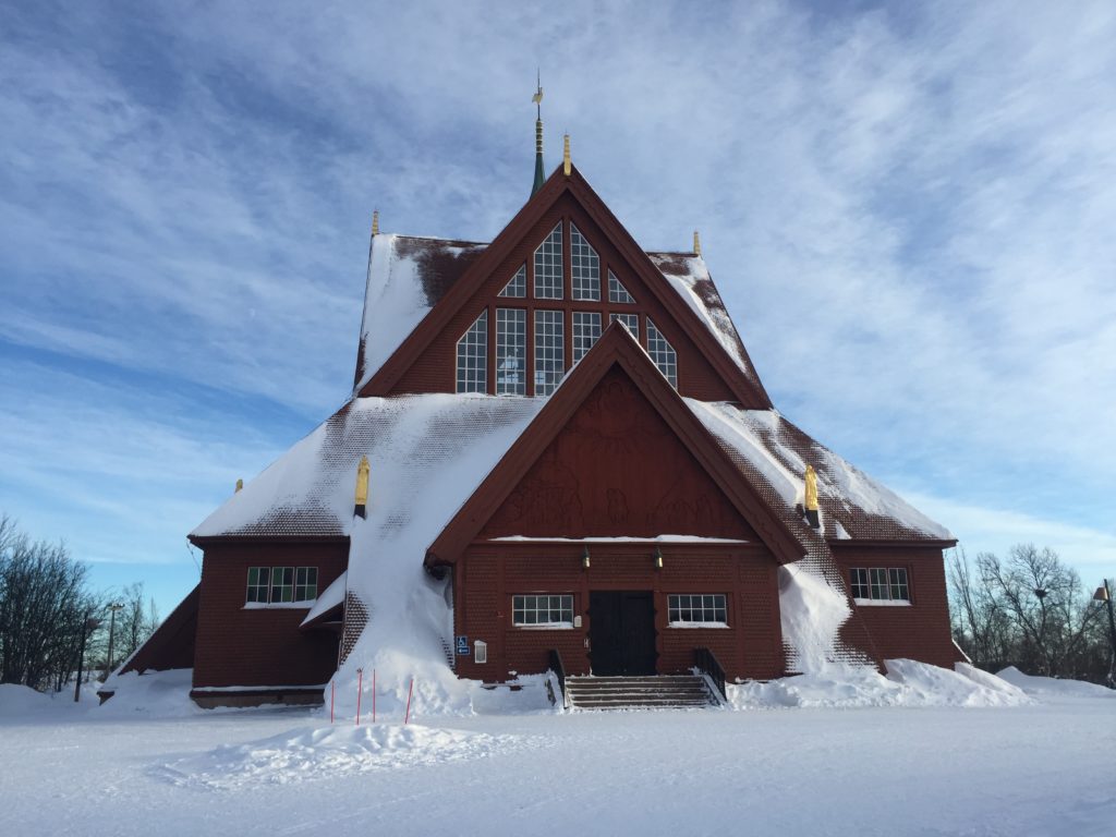 The snow-covered wooden church in Kiruna which looks like something out of a fairytale.