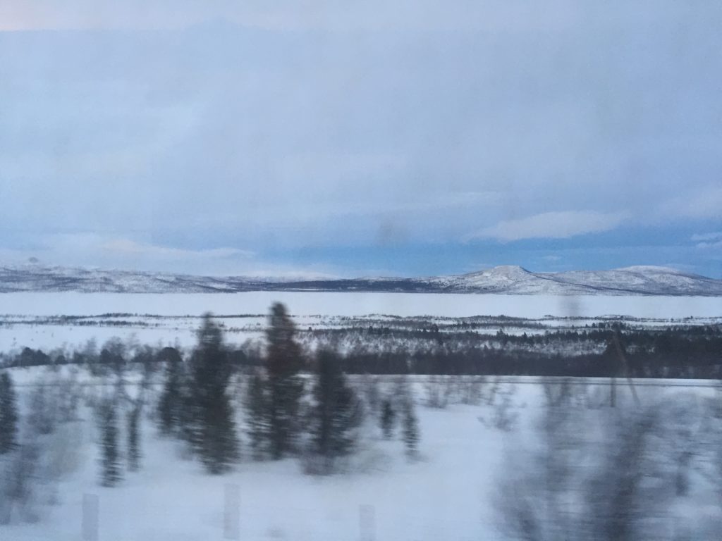 train to Abisko passing by wintry landscapes in the middle of winter