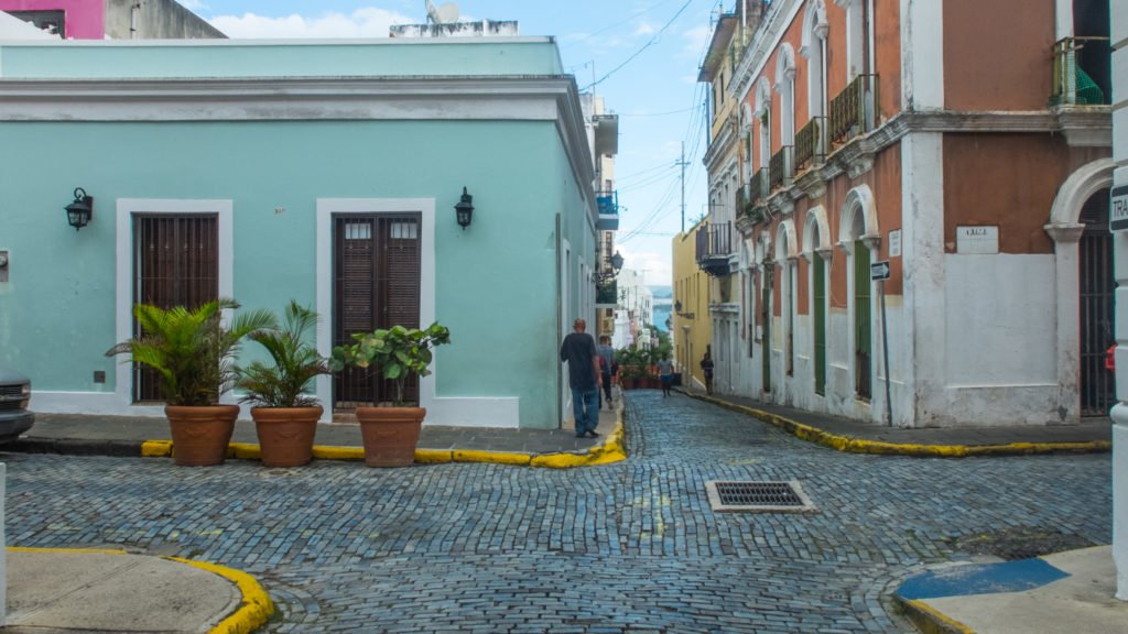 Old San Juan street corner in the heart of town with pastel colors