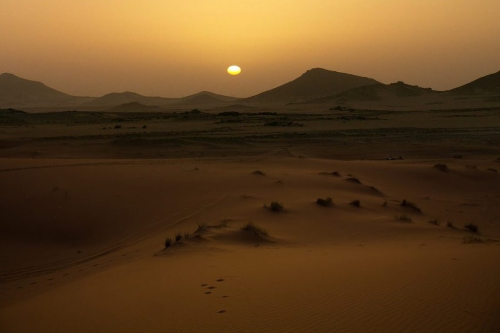 A sunset happening in the Sahara desert with an orange-toned sky.