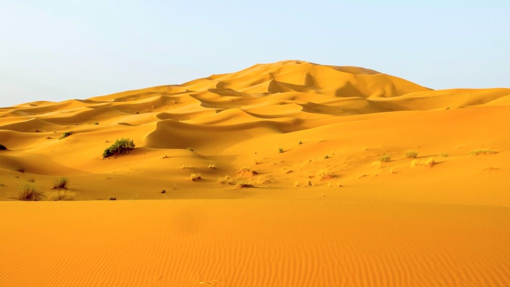 Ripples of sand and sand dunes in a beautiful orange color in the Sahara Desert in Morocco