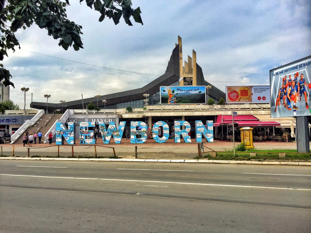 The Newborn nonument, unveiled in 2008 upon declaring independence, featuring clouds and barbed wire