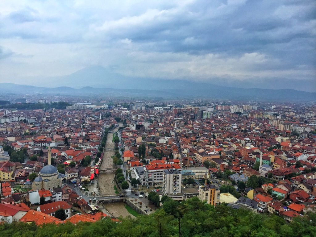 views over prizren from the fortress, with the city laid out below