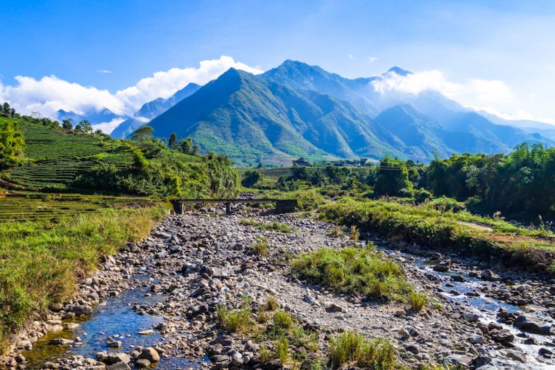 View of mountains and rivers and terraces landscapes in the mountainous part of Vietnam