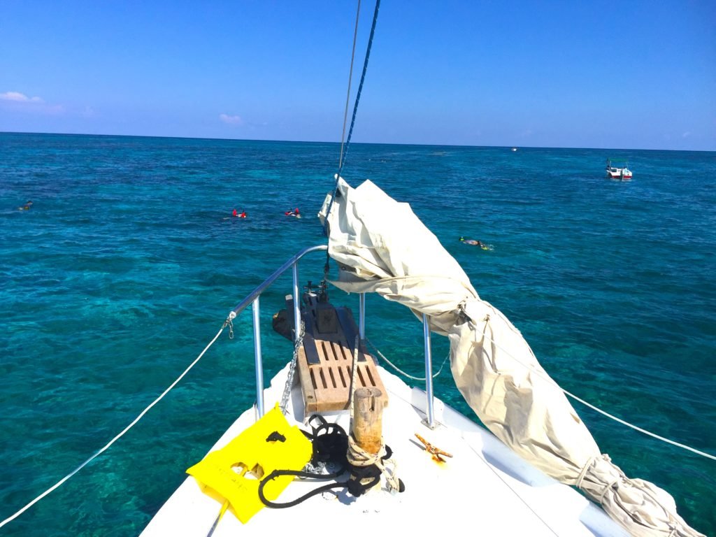 The bow of the sailboat while visiting Caye Caulker and going snorkeling in its beautiful waters