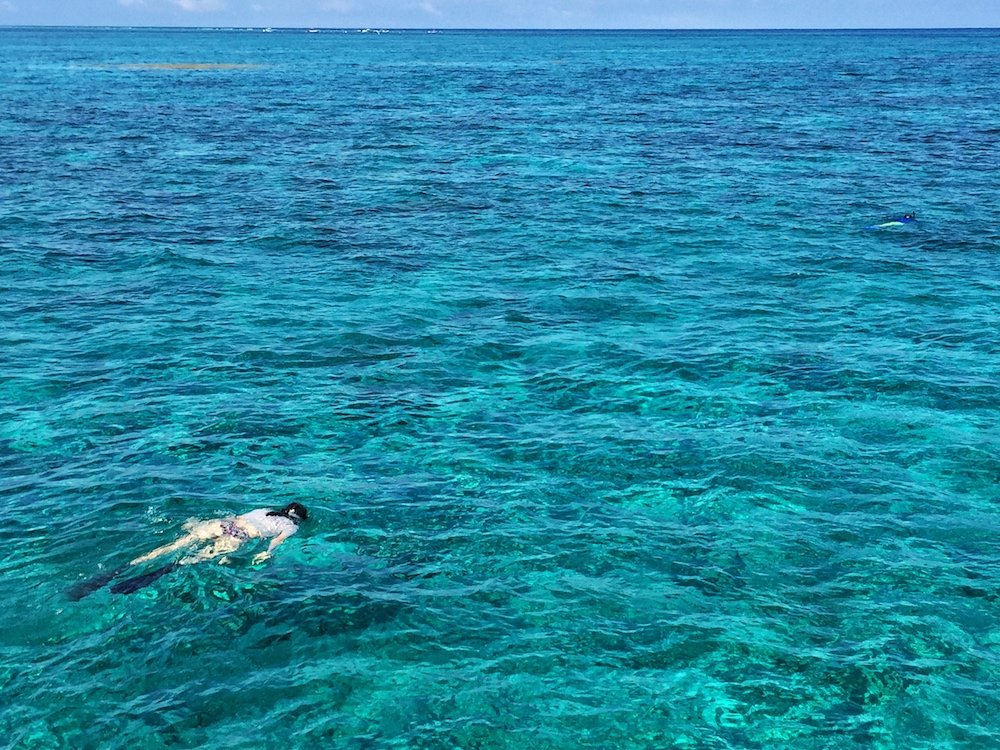 Allison Green snorkeling in the azure waters of Caye Caulker with her snorkel visible from the wat