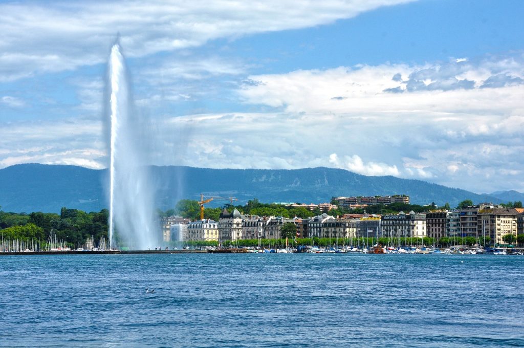 The Jet D'Eau streaming high above the city of Geneva