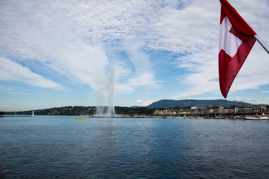 swiss flag on the lake with the jet in the water