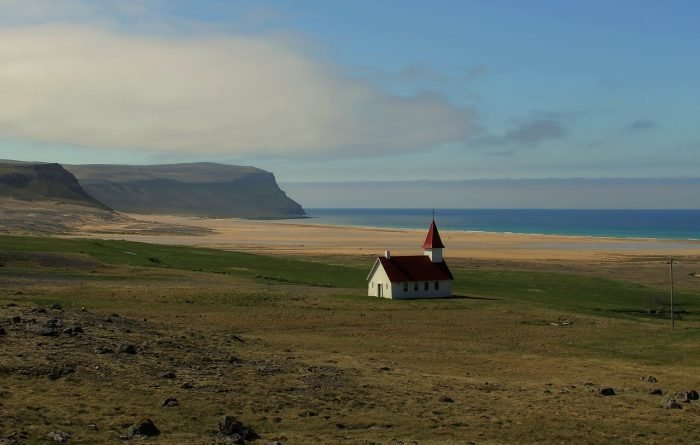 Church in the middle of nowhere on a beach area in the westfjords
