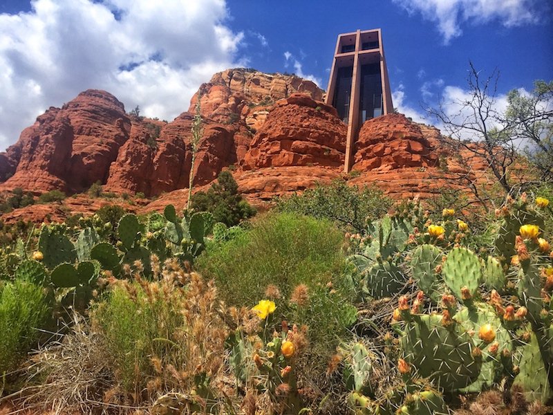 Sedona church next to cactus