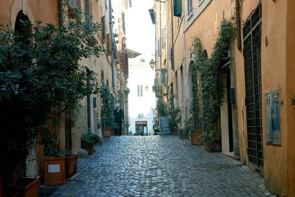 Autumn light on the picturesque alley in Jewish neighborhood Ghetto in Rome