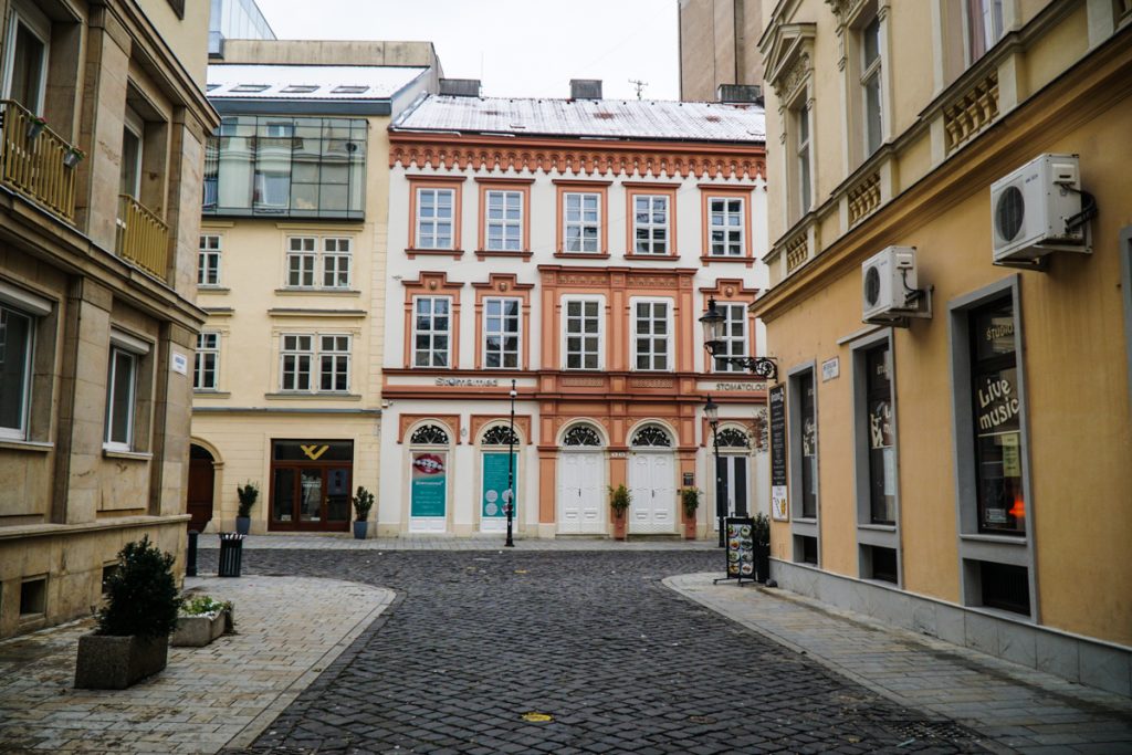 Downtown street scene in Bratislava city center with no one on the street and beautiful traditional architecture.