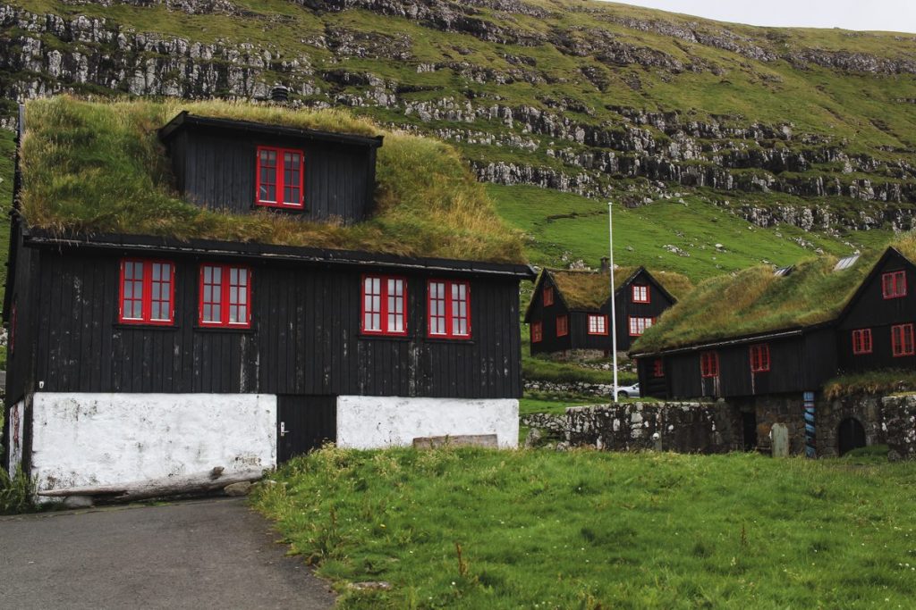 turf roof houses with black painted walls and red shuddered windows