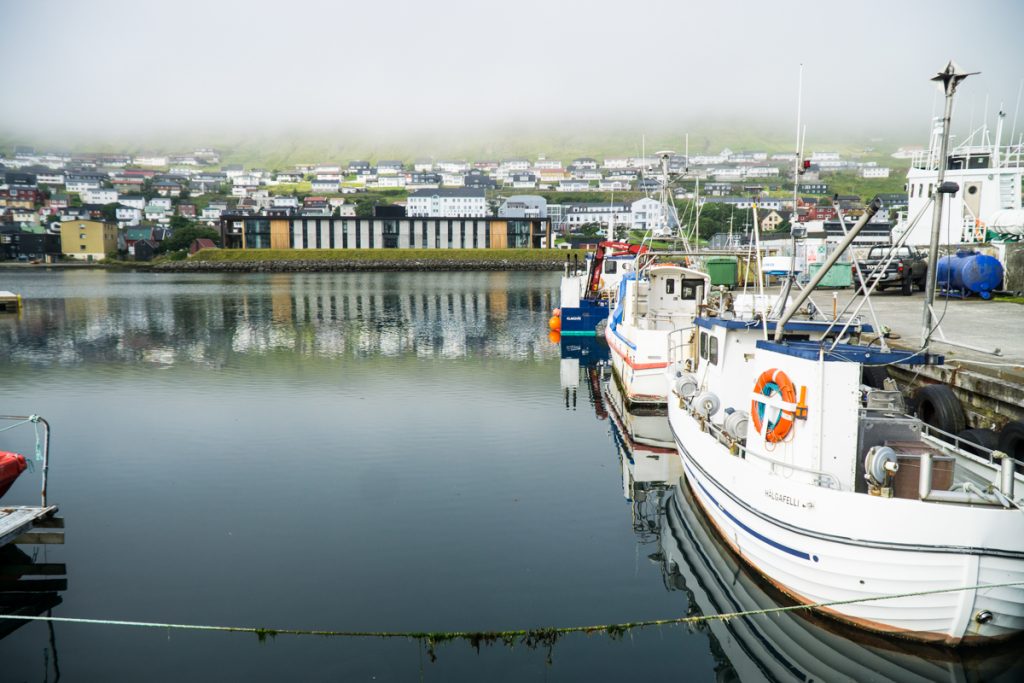 a peaceful morning foggy harbor in klaksvik where you take the ferry to kalsoy