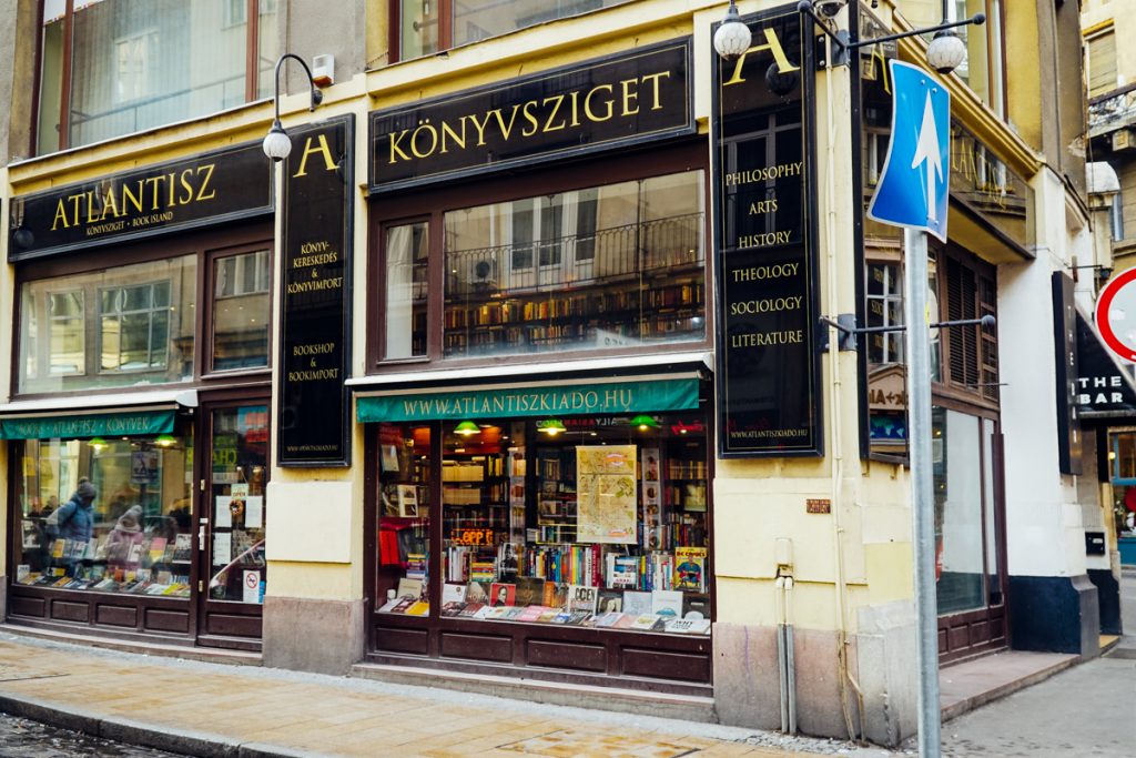 
Exterior of the famous Budapest bookstore in Pest side of the city called Atlantis book island, with beautiful display.