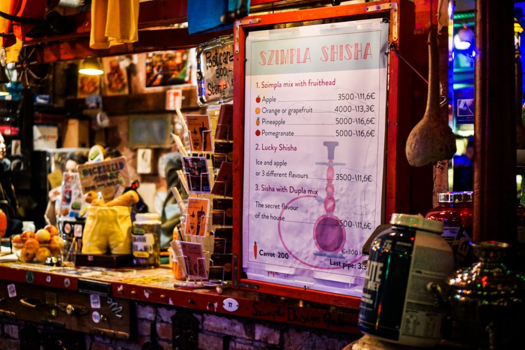 A shisha menu (hookah) at Szimpla Kert ruin bar in Budapest’s Jewish district, with prices listed.