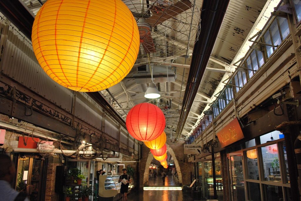 paper lanterns going down a hall of chelsea market
