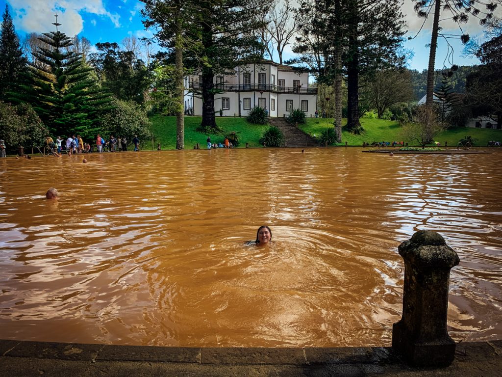 Allison enjoying the famous golden hot spring in the Azores in Furnas in Terra Nostra