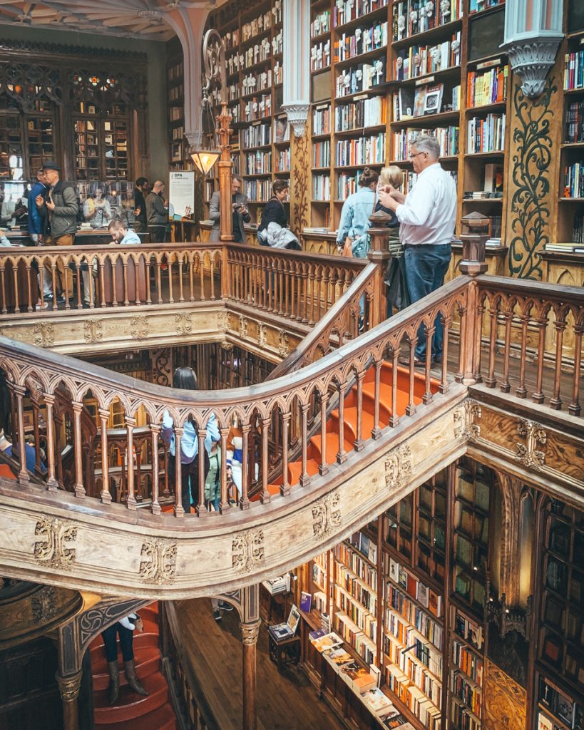 Interior of Livraria Lello, the famous bookstore with the red staircase in Porto