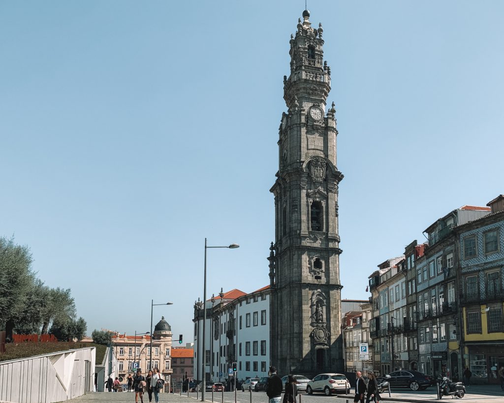 View of Clerigos tower from a distance on a clear day in the winter with not too many people crowding the area