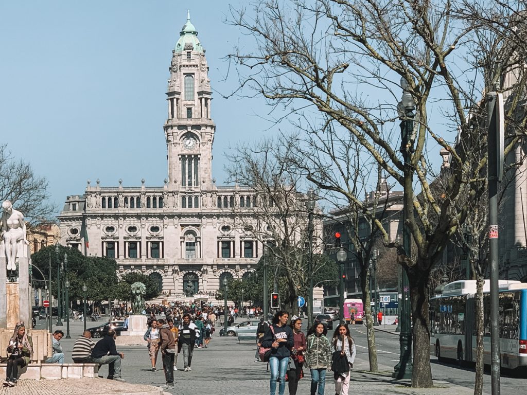 the praca da liberdade area with the town hall of porto in the background