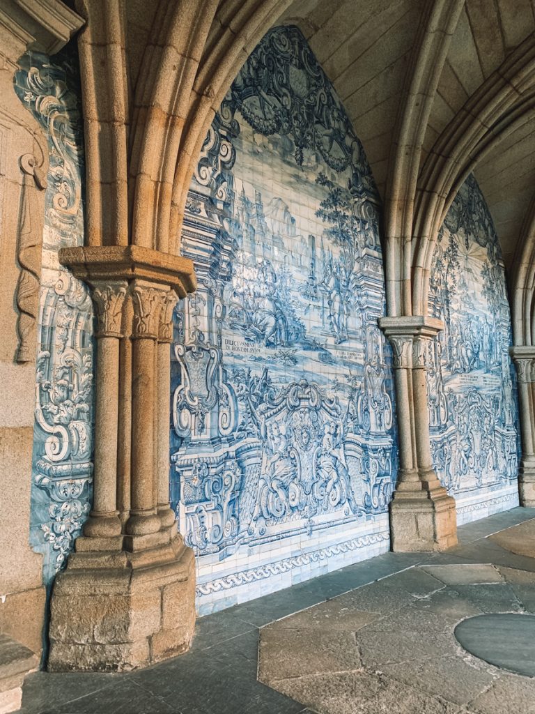 interior of the porto cathedral cloisters with azulejos