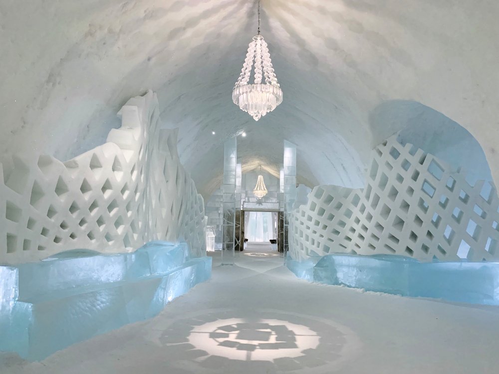 An interior of the snow hotel with impressively carved lattice-shaped ice and beautiful interior.