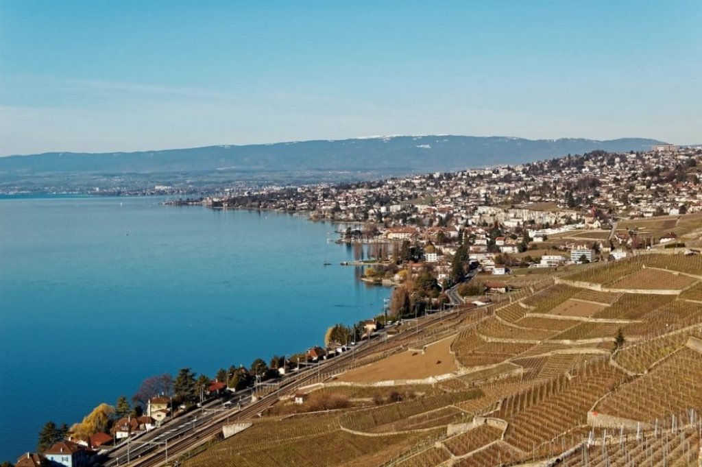 vineyards and a town in the distance overlooking the beautiful still blue waters of lake geneva in the town and unesco site of lavaux, a great geneva day trip