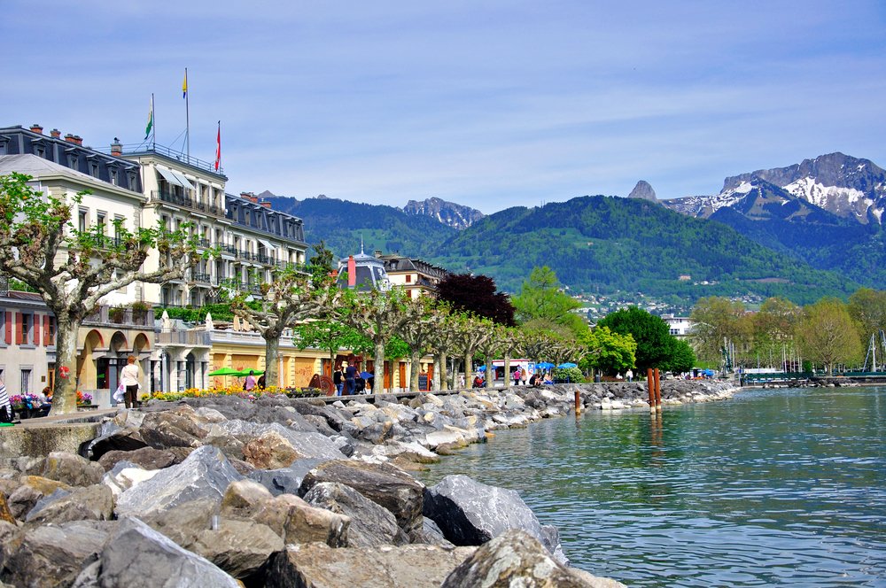 the lakefront promenade of the town of vevey in the swiss riviera along lac leman, a beautiful day trip option from geneva
