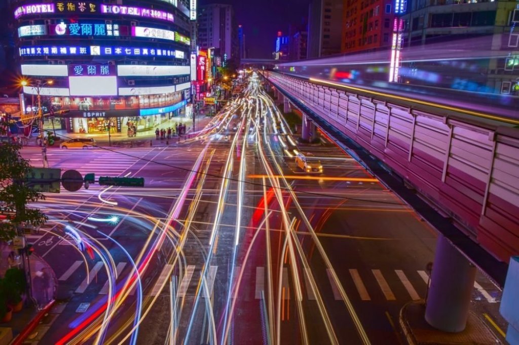 trails of headlights from passing cars and traffic at night in taipei