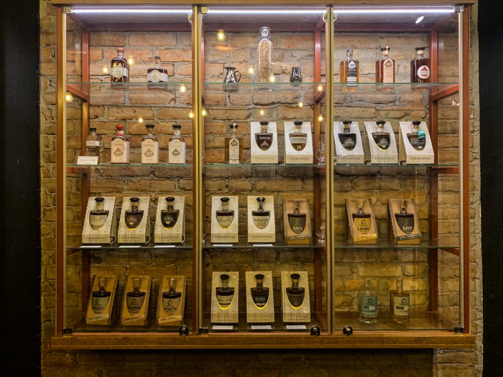 a display of whiskey in a case