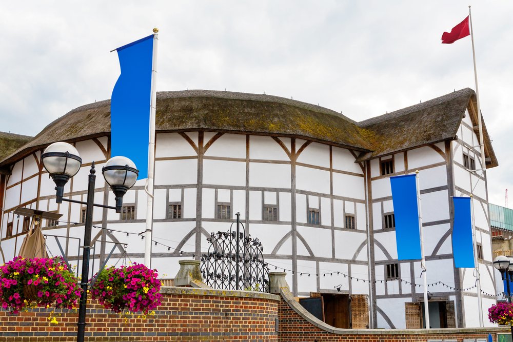 a round theater with half timber architecture; a famous shakespearean theater