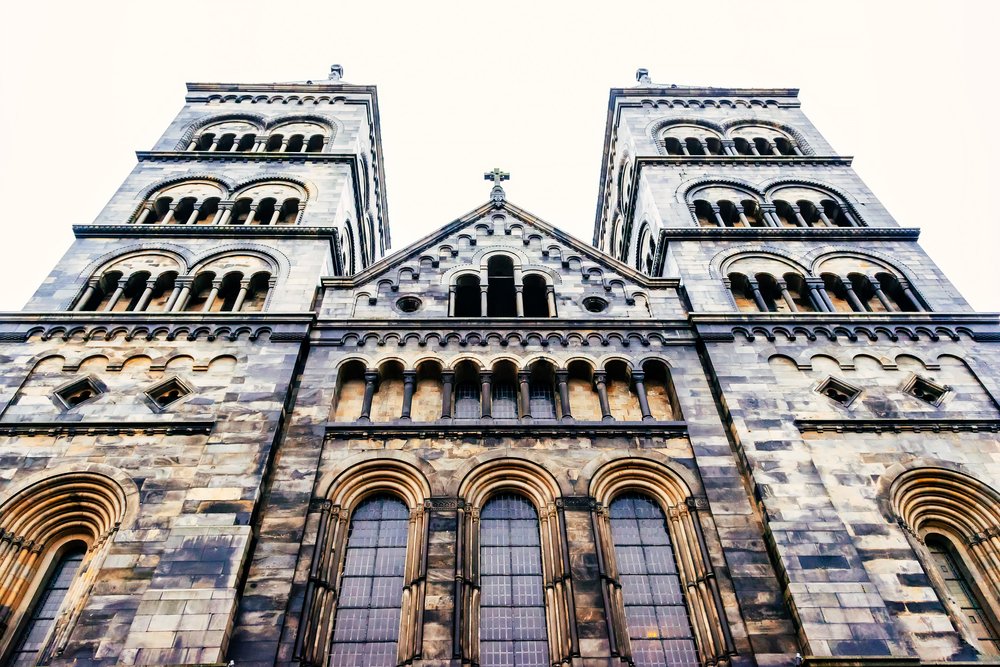 View of a cathedral in Malmo from a low perspective looking up