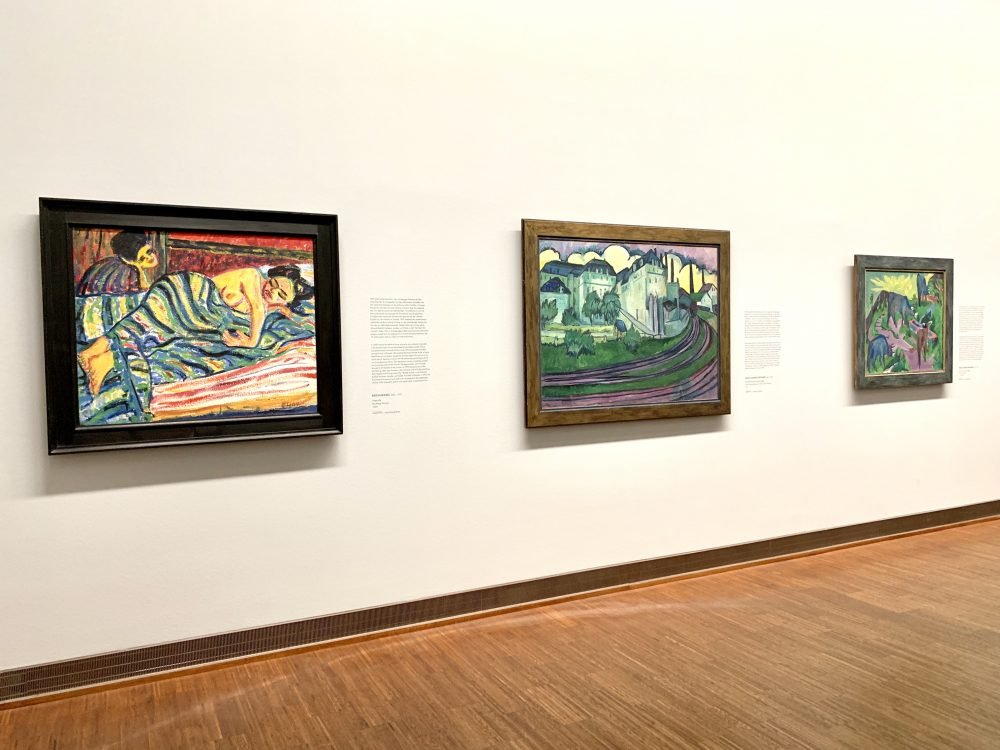 A series of three modern pieces of artwork on the wall at the famous Albertina museum in Vienna, one of the top museums