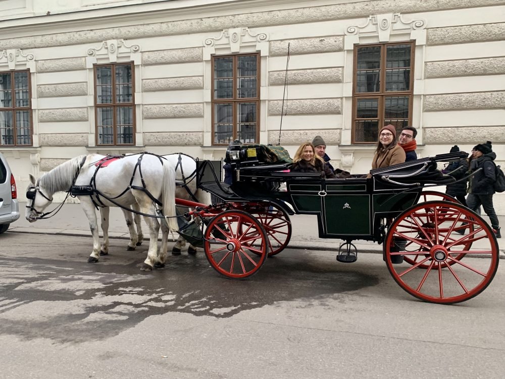 Allison and her family sitting in a horse fiaker ride in Vienna