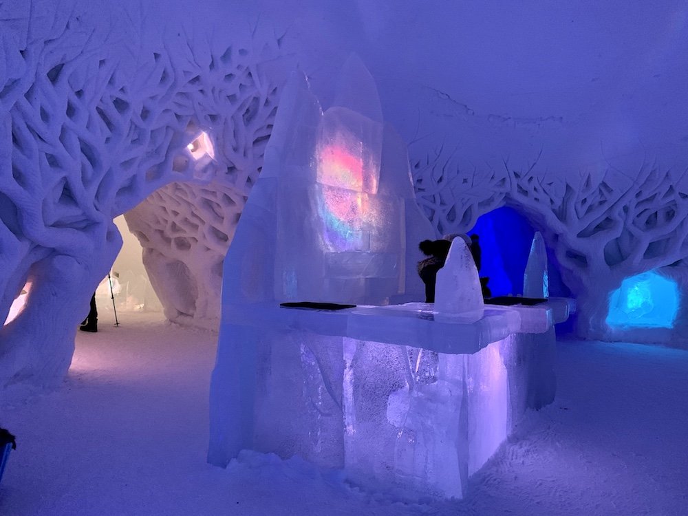 The lavender-lit ice sculptures that look like trees and an ice bar in the middle of the Tromso Ice Domes