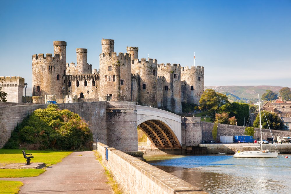 View of Conwy Castle with water beneath it