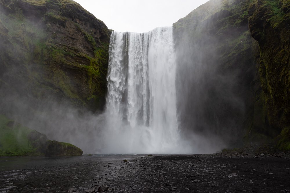 Sheet of water cascading from a waterfall in Iceland