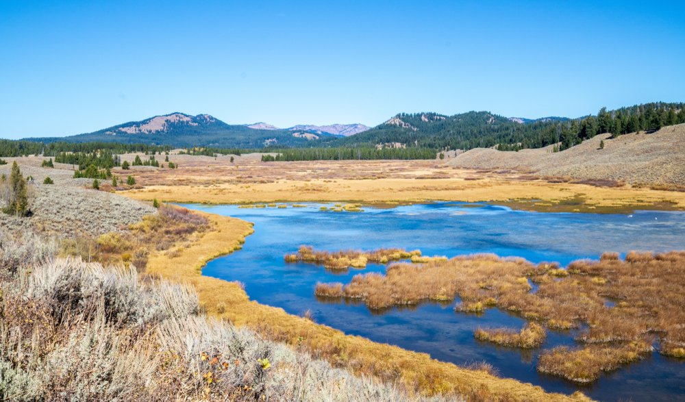 Yellowing grass surrounding the pond at Christian Pond with brilliant blue water and rolling hills in the background on a blue sky summer or fall day.