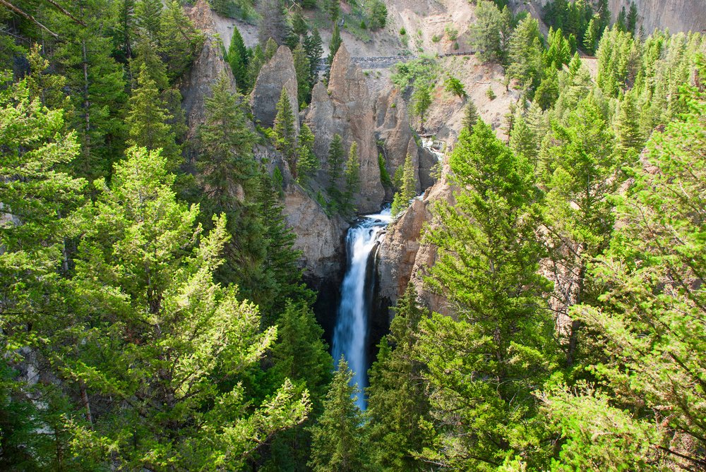 View of Tower Falls from above, a waterfall plunging into a pool below it, surrounded by rock formations and evergreen trees.