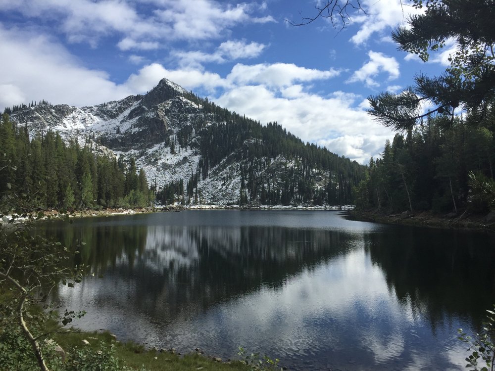 A small lake at the base of a rocky mountain covered in pine trees.