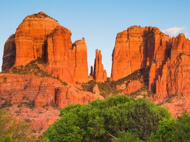 The red rock formations of Sedona with the afternoon light on the rocks, a green tree in the foreground to add contrast.