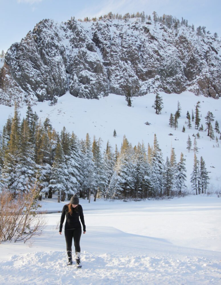 a person in the snow at mammoth lakes in california