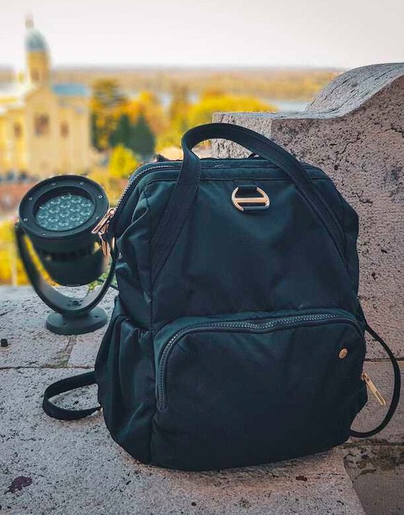 My Pacsafe backpack on display while traveling in europe