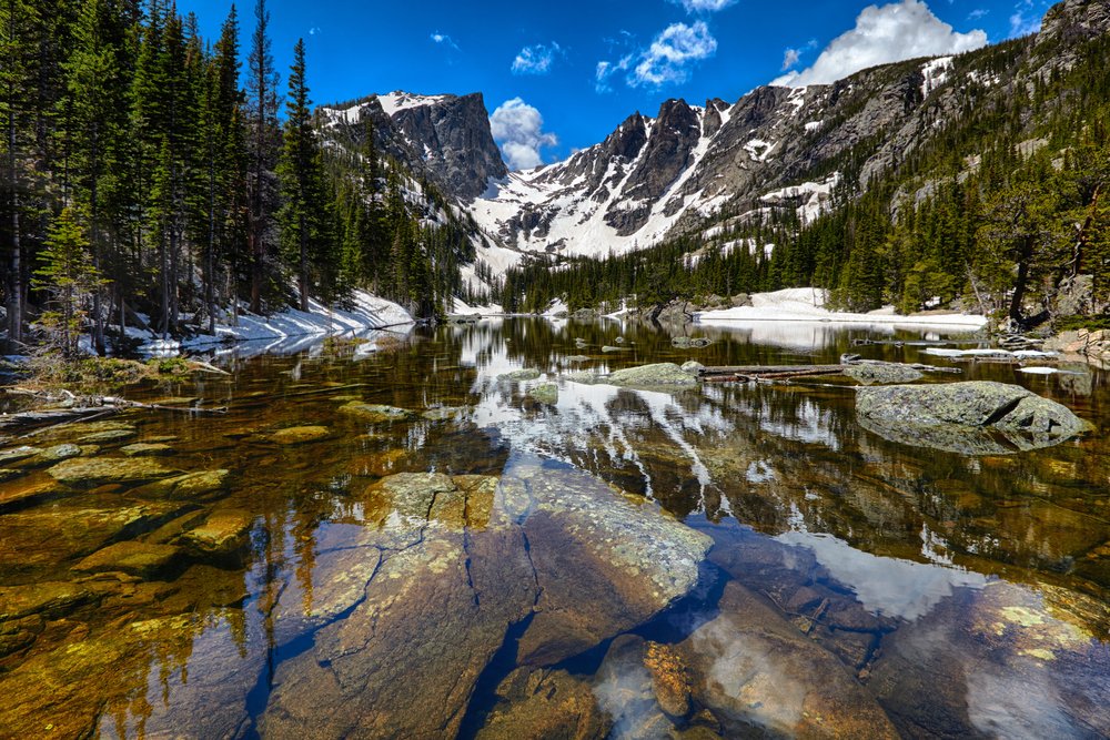 beautiful mirror lake in rocky mountain national park in summer with small patches of snow remaining