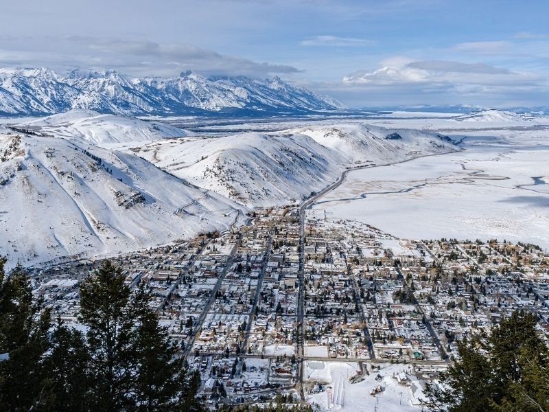 An Aerial view over Jackson Hole in winter with lots of snow