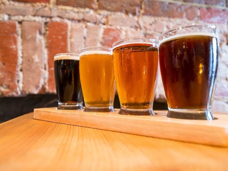 A flight of 4 beers including a dark stout, a light lager, a medium-colored pale ale, and a red ale.