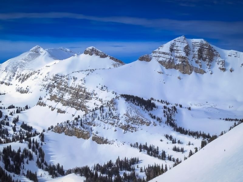 A close up view of peaks in the mountains of Jackson Wyoming in winter with snow