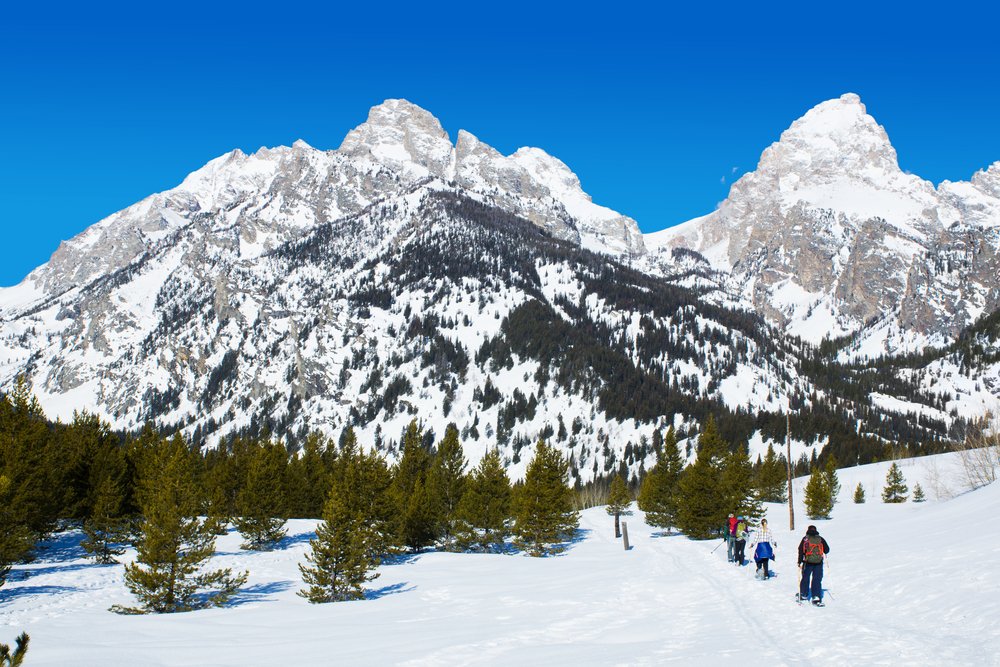 A family embarking together on a snowshoeing adventure in Grand Teton National Park away from camera towards the mountains.